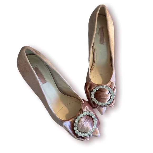 TOPSHOP Pink Velvet Jeweled Wedding Stiletto Heels w Bows & Rhinestones - Picture 11 of 16